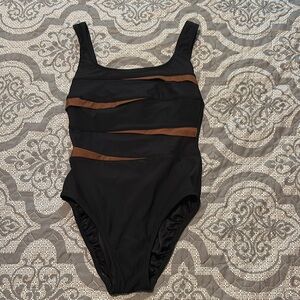 Longitude Women’s 10 Black with Stripes, One-Piece Swimsuit